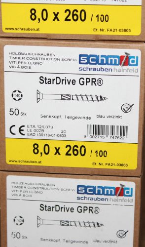 50 Stück GPR® 8,0 x 260 mm Holzbauschrauben Senkkopf TX40 hell verzinkt