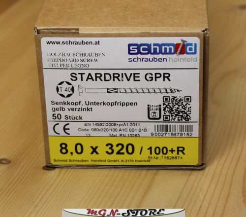 50 Stück GPR® 8,0 x 320 mm Holzbauschrauben Senkkopf TX40 gelb verzinkt