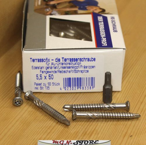 100 Stück 5,5 x 50 mm Terrassenschrauben für Alu-Unterkonstruktion mit Bohrspitze