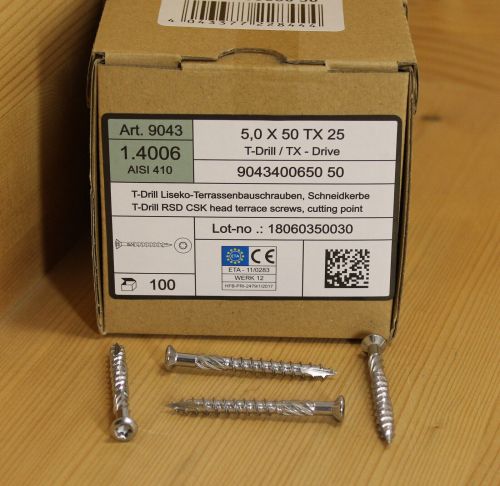 100 Stück Edelstahl C1 Terrassenschrauben gehärtet 5,0 x 50 mm Torx TX 25 mit EU-Zulassung